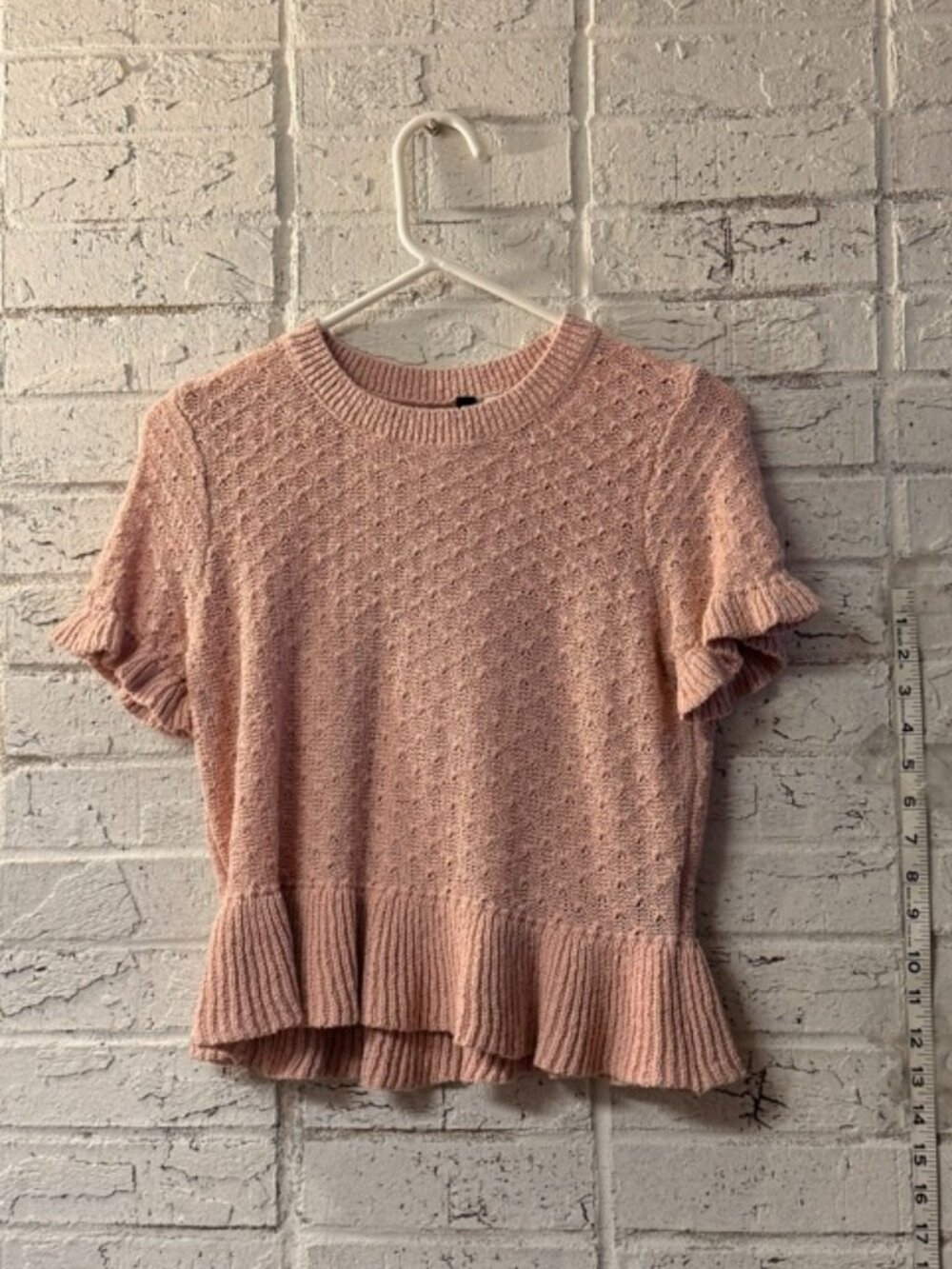H&M Blush Pink Pointelle Knit Peplum Sweater Top Medium Ruffle Sleeve Cottagecor